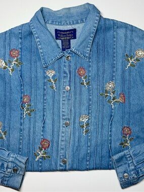 VTG 90s Willow Ridge Denim Button Up Shirt Women’s XL Floral Embroidered Cottage